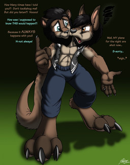 2_heads anthro bottomwear clothed clothing color_coded color_coded_text conjoined eye_contact front_view gradient gradient_background humanoid_hands looking_at_another male merging multi_head multifur pants simple_background solo standing stuttering text text_emphasis topwear transformation vest catmonkshiro pythos_cheetah cheetah felid feline kangaroo macropod mammal marsupial english_text hi_res