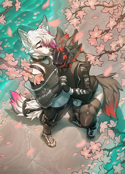 anthro blush bottomwear cherry_tree claws clothed clothing collar duo flower footwear fruit_tree hair hand_holding high-angle_view interspecies jacket looking_at_another machine male male/male navel open_clothing open_jacket open_topwear outside pants pink_flower plant protogen_visor shirt shoes short_hair size_difference smile snout standing tail topwear tree water fluffyw0lf canid canine mammal protogen 2026 colored digital_drawing_(artwork) digital_media_(artwork) hi_res shaded