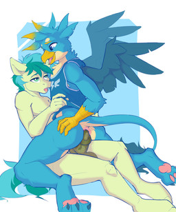anal anal_penetration anthro anthro_on_anthro anthro_penetrated anthro_penetrating anthro_penetrating_anthro balls blue_eyes bottomless clothed clothing duo from_front_position genitals green_eyes hand_on_butt hand_on_own_butt male male/male male_penetrated male_penetrating male_penetrating_male mastery_position penetration penile penile_penetration penis_in_ass sex shirt shirt_only simple_background sitting tank_top tank_top_only topwear topwear_only jazzynsfw friendship_is_magic hasbro my_little_pony mythology gallus_(mlp) sandbar_(mlp) avian earth_pony equid equine gryphon horse mammal mythological_avian mythological_creature pony hi_res