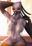 big_breasts breasts clothing eyes_closed female inside jewelry markings mole_(marking) necklace nipples solo the_yellow_sign_(h.p._lovecraft) underwear aozee aggretsuko sanrio hastur_the_king_in_yellow_(h.p._lovecraft) secretary_washimi accipitriform avian bird secretary_bird 2023 hi_res