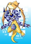 ambiguous_gender animal_skin black_nose blue_background blue_eyes claws duo feral horn markings red_eyes simple_background smile spikes teeth wings yellow_body raven_allocen bandai_namco digimon digimon_(species) gabumon patamon hi_res