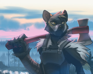5_fingers anthro arm_wraps axe black_body black_fur black_nose brown_eyes claws clothed clothing day detailed_background fingers fur grey_body grey_fur holding_object looking_aside male melee_weapon outside sky solo weapon weapon_on_shoulder wraps koul canid canine mammal 2017 5:4 bust_portrait portrait