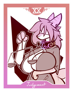 4_fingers anthro big_breasts blindfold border breast_squish breasts card clothed clothing collar ear_piercing ear_ring female fin fingers hair hand_under_breast holding_object holding_scale huge_breasts judgement_(tarot) long_hair major_arcana piercing ring_piercing robe shark_tail solo squish striped_body stripes tarot tarot_card weighing_scale white_border conditional_dnp lodi_(artist) talia_(talico) fish marine shark 4:5 absurd_res hi_res restricted_palette