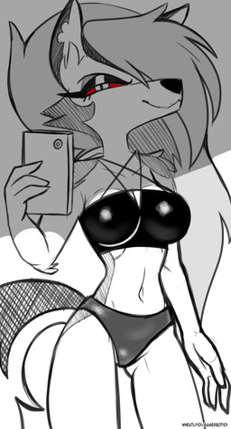 anthro bikini black_clothing black_topwear breasts cellphone cleavage clothed clothing electronics eyeshadow female fur hair holding_cellphone holding_object holding_phone holding_smartphone long_hair makeup navel notched_ear phone red_sclera smartphone smile solo swimwear topwear two-piece_swimsuit barryfactory hellaverse helluva_boss mythology loona_(helluva_boss) canid canid_demon canine demon hellhound mammal mythological_canine mythological_creature 2022 absurd_res hi_res restricted_palette sketch