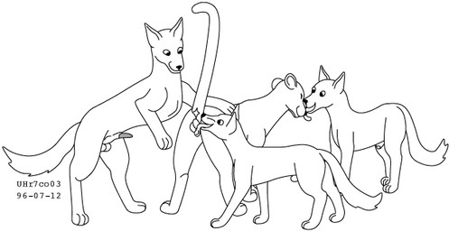 animal_genitalia anus ball_lick balls erection face_lick feral from_behind_position fur genitals group interspecies licking long_tail male male/male mounting oral penis raised_tail sex sheath simple_background smile tail tongue tongue_out white_background urbanhermit canid canine canis domestic_dog felid mammal pantherine 1996 black_and_white dated monochrome