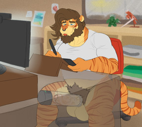 anthro balls beard bedroom big_balls biped blep blue_eyes blush bodily_fluids bottomless brown_eyebrows brown_hair brown_pubes brown_stripes brown_tail chair clothed clothing computer computer_monitor desk drawing_tablet electronics erection eyebrows facial_hair facial_piercing foreskin furniture genital_fluids genitals glans hair holding_object humanoid_genitalia humanoid_penis inside looking_pleasured male markings multicolored_body musclegut muscular muscular_anthro muscular_male nose_piercing nose_ring partially_retracted_foreskin pen penis penis_pump piercing pink_glans precum pubes ring_piercing shirt sitting solo striped_markings striped_tail stripes t-shirt table tablet tail tail_markings tan_body tan_tail tongue tongue_out topwear two_tone_tail vein white_clothing white_shirt white_topwear fluffysnowmeow felid mammal pantherine tiger