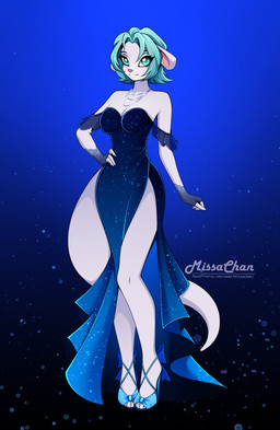 anthro breasts cleavage clothed clothed_female clothing dress female fingerless_gloves footwear gloves gradient_background green_eyes green_hair hair handwear high_heels jewelry necklace pink_nose shoes simple_background small_waist solo tail text missachan dreamkeepers mrs_karen_(dreamkeepers) mammal mustelid otter hi_res url