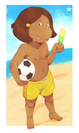 accessory anthro ball barefoot beach bodily_fluids casual_exposure clothed clothing feet female flat_chested food hair_accessory loli navel nipples outside pattern_clothing pattern_swimwear popsicle sea seaside soccer_ball solo striped_clothing striped_swimwear stripes sweat swimming_trunks swimwear tomboy tongue tongue_out topless topless_female water yellow_clothing yellow_swimwear young young_anthro young_female bzeh arthur_(series) male_swimwear_challenge francine_frensky haplorhine mammal monkey primate 2021 absurd_res hi_res