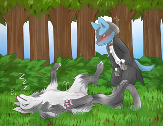 anthro blush bulge butler clothing drunk duo eyes_closed female feral genitals grass imminent_rape imminent_sex lying male male/female nature on_back outside plant sleeping sound_effects spread_legs spreading substance_intoxication suit tail tree vowelless vowelless_sound_effect vulva zzz mizusawa_nino nintendo pokemon canid canine generation_3_pokemon generation_4_pokemon lucario mammal mightyena pokemon_(species)