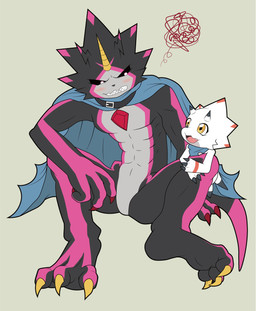 abs angry anthro black_body black_sclera blush cape claws clothing duo evolutionary_family horn male toe_claws tsundere tmdduq6918 bandai_namco digimon digimon_(species) gammamon gulusgammamon scalie hi_res