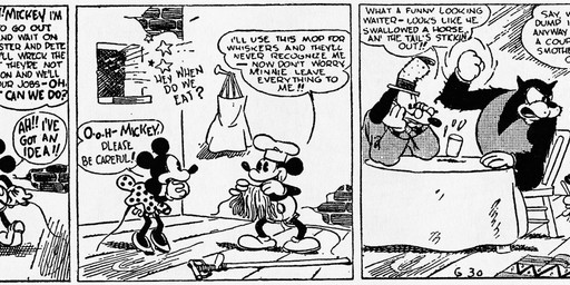 anthro bottomwear chef_hat clothed clothing coat dialogue eyewear female floppy_ears footwear furniture glasses gloves group handwear hat headgear headwear inside male open_mouth pants shoes sitting skirt table tail text top_hat topwear floyd_gottfredson roy_nelson disney public_domain mickey_mouse minnie_mouse pegleg_pete pete_(disney) sylvester_shyster canid canine canis domestic_cat domestic_dog felid feline felis mammal mouse murid murine rodent 1930 20th_century absurd_res ancient_art black_and_white comic dated english_text hi_res long_image monochrome wide_image