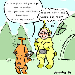 ambiguous_gender antennae_(anatomy) anthro anus brown_eyes circle_eyebrows clipboard detailed_background directional_arrow dock_(anatomy) doorway duo electronics eyebrows floppy_ears fur grass holding_object horn humor joke looking_at_another looking_away lop_ears multicolored_body multicolored_fur on_grass on_ground orange_body orange_fur pencil_(object) plant rear_view screen sky smile speech_bubble standing tail tail_anus television text thought_bubble toony tree window x_anus yellow_body yellow_fur darkcyndoge teletubbies jude_(darkcyndoge) laa-laa_(teletubbies) humanoid teletubby 1:1 2025 english_text flat_colors
