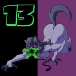 1:1 3_fingers alien all_fours anthro arm_spikes ass_up ben_10 big_butt black_background black_claws black_hair black_nose black_tail blitzwolfer blush breasts butt canid canine canis cartoon_network claw_fingers claws collar digitigrade elbow_spikes empty_eyes fangs female fingers fur green_mouth green_text grey_body grey_fur grey_inner_ear grey_muzzle hair hi_res leash loboan looking_at_viewer mammal nude nude_anthro nude_female open_mouth profannytea purple_background purple_eyes simple_background solo spikes spikes_(anatomy) split_jaw tail teeth text toe_claws wolf