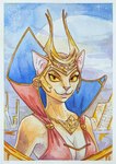 anthro breasts clothed clothing crown dress female headgear looking_at_viewer smile solo standing kitsuneka-san master_of_orion empress_jasana alien felid feline mammal mrrshan hi_res portrait three-quarter_portrait traditional_media_(artwork)