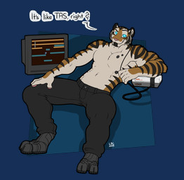 anthro biped blue_eyes clothed clothing eyebrows featureless_chest fur male raised_eyebrow simple_background sitting smile solo striped_body stripes text topless longblueclaw felid mammal pantherine tiger 2015 alpha_channel digital_media_(artwork) english_text full-length_portrait hi_res portrait