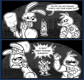angry annoyed anthro arcade bib boss bow_(feature) bow_tie clothing dark dialogue group hat headgear headwear machine male sad teeth text ticket top_hat upset herny five_nights_at_freddy's scottgames bonnie_(fnaf) chica_(fnaf) freddy_(fnaf) animatronic avian bird lagomorph leporid mammal rabbit robot english_text greyscale monochrome