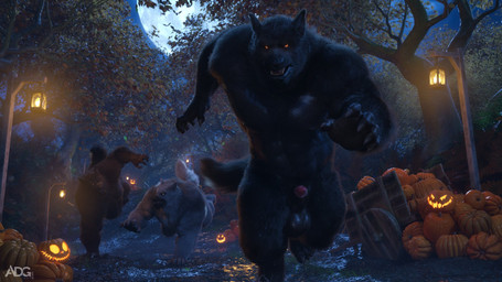 abs animal_genitalia anthro balls black_body black_fur food fruit fur genitals group holidays jack-o'-lantern lipsticking male muscular muscular_anthro muscular_male nipples nude pecs penis penis_tip plant pumpkin running sheath ad-games halloween mythology canid canine mammal mythological_canine mythological_creature werecanid werecanine werecreature werewolf 16:9 3d_(artwork) digital_media_(artwork) hi_res widescreen