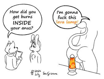 anthro anus backsack balls butt dialogue duo genitals imminent_anal improvised_sex_toy lamp lava_lamp male nude penis profanity raised_tail speech_bubble tail text sen_grisane_(artist) sen_grisane_(character) asinus canid canine canis donkey equid equine mammal wolf english_text hi_res