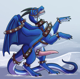 animal_genitalia bared_teeth bdsm bell black_horn blue_body blue_membrane blue_scales bondage bondage_gear bound bridle digitigrade feral genitals horn male membrane_(anatomy) membranous_wings penis pink_penis pink_tongue quadruped scales snow solo tail tapering_penis teeth tongue white_body white_scales wings alfafilly mythology glax dragon mythological_creature mythological_scalie scalie absurd_res hi_res