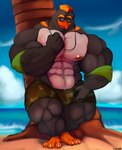 abs anthro armband beach beak biceps black_body bottomwear clothing collar hair looking_at_viewer male muscular muscular_anthro muscular_male nipples palm_tree pants pecs plant seaside smile solo tree karrnade sony_corporation surf's_up surf's_up_2:_wavemania wwe j.c. avian bird penguin hi_res