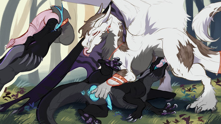 anus balls black_body blue_penis bodily_fluids claws cutaway duo ear_piercing ear_ring erection fellatio feral feral_on_feral feral_penetrated feral_penetrating feral_penetrating_feral forked_tongue fur genital_fluids genitals grass hand_on_penis horn jewelry knot lying male male/male on_side oral oral_penetration penetration penile penis penis_in_mouth piercing plant precum ring_piercing servicing_from_below sex sucking tail teeth tongue tongue_out white_body wings owishka european_mythology mythology ezra_(kaine_soulmender) dragon furred_dragon furred_scalie mythological_creature mythological_scalie scalie western_dragon 2025 hi_res