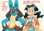 anthro black_hair blue_ears bottomwear clothed clothing duo fingers fur hair hands_on_hips holding_object light_body light_fur looking_at_another red_eyes red_text text thought_bubble topwear yellow_body yellow_fur dahecksajerry nintendo pokemon generation_4_pokemon human lucario mammal pokemon_(species) riolu english_text