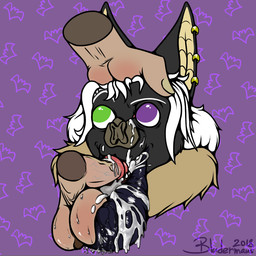 ambiguous_gender anthro black_body black_fur bodily_fluids cum cum_inside drooling duo erection fangs fur genital_fluids genitals green_eyes hair heterochromia holding_head huge_lips human_on_anthro humanoid_genitalia humanoid_penis hyper hyper_lips interspecies lips male male/ambiguous open_mouth oral orgasm pattern_background penis purple_background purple_eyes saliva sex simple_background solo_focus teeth thick_bottom_lip thick_lips tongue white_hair bludermaus bludermaus_(character) bat human leaf-nosed_bat mammal microbat vampire vampire_bat yangochiropteran 1:1 2018 digital_drawing_(artwork) digital_media_(artwork)