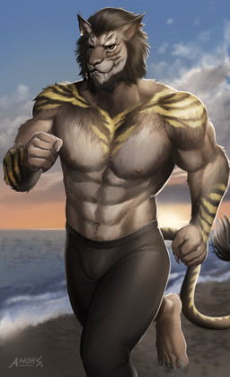 abs anthro beach beard biceps bottomwear brown_body brown_fur brown_hair bulge claws clothed clothing ear_piercing ear_ring exercise facial_hair fangs feet fur goatee hair male mane muscular muscular_anthro muscular_male nipples open_mouth open_smile outside pants pecs piercing ring_piercing running scar seaside sharp_teeth sky smile solo stripes sunset teeth tight_clothing toe_claws topless triceps water yellow_stripes yoga_pants amon-sydonai final_fantasy final_fantasy_xiv square_enix felid feline hrothgar mammal 2020 hi_res