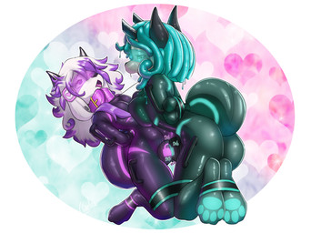 anthro bdsm biped black_clothing black_nose black_skinsuit bondage bound breasts butt chastity_bulge chastity_device clothed clothing collar digitigrade duo femboy fur grey_hair gynomorph gynomorph/male hair heart_eyes heart_symbol highlights_(coloring) intersex intersex/male kneeling latex latex_clothing latex_skinsuit lock_bulge lock_symbol looking_at_another male medium_breasts null_bulge null_bulge_frottage open_mouth pawpads pink_highlights simple_background skinsuit tight_clothing tongue tongue_out visor white_body white_fur white_hair galo akukun violet_(kairi920) ambiguous_species canid canine fox mammal noctide 2025 absurd_res hi_res