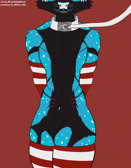 animal_genitalia anthro black_body black_fur blue_body blue_fur blue_mouth blue_penis breathing clothing collar fangs fur fur_markings genitals leash leash_pull leashed_collar legwear male markings pattern_clothing pattern_legwear pattern_stockings penis red_background sheath simple_background solo spots spotted_markings stockings striped_clothing striped_legwear striped_stockings stripes teeth tongue cutefckngbunny american_mythology indigenous_north_american_mythology mythology north_american_mythology brassi deer mammal wendigo animated