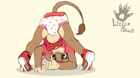 ambiguous_gender anthro ass_up bending_down bent_over blush blush_lines brown_eyes clean_diaper clothing diaper exposed_diaper footwear hands_on_ground head_between_legs head_down head_down_ass_up head_on_ground looking_at_viewer looking_through looking_through_legs looking_through_legs_at_viewer midriff onesie open_onesie rear_view shoes solo spread_legs spreading tail tail_tuft tan_body tuft wetness_indicator young littlepaws felid lion mammal pantherine 16:9 hi_res widescreen
