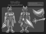 anthro empty_eyes featureless_crotch glistening glistening_body handpaw liquid_metal mace mace_tail male melee_weapon metal metallic_body monotone_body monotone_face monotone_tail mouthless nude paws solo tail text weapon weapon_tail my_furry_art canid canine canis mammal wolf 4:3 english_text greyscale model_sheet monochrome