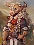 anthro biped bottomwear bracelet braided_hair brown_body brown_fur clothed clothing facial_piercing female fur hair hair_over_eye horn jewelry lip_piercing long_hair one_eye_obstructed outside piercing solo topwear yellow_eyes cerbera bovid bovine mammal 2022 hi_res