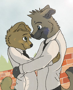 accessory anthro black_necktie blue_eyes brick brick_wall brown_body brown_fur clothing collared_shirt day detailed_background dress_shirt duo eye_contact eyebrows fur green_eyes head_tuft hug looking_at_another male male_anthro necktie outside plant romantic shirt snout tail topwear tree tuft wall_(structure) white_clothing white_shirt white_topwear sebdoggo canid canine canis domestic_dog mammal 2013 aliasing cel_shading digital_drawing_(artwork) digital_media_(artwork) low_res microsoft_paint_(artwork) shaded