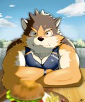 anthro biceps burger clothing eating food looking_at_viewer male muscular muscular_anthro muscular_male pecs shirt solo tank_top topwear kt0414143919 lifewonders live_a_hero barrel_(live_a_hero) canid canine canis mammal wolf hi_res