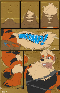 4_toes ankle_tuft anthro biped black_body black_fur black_markings black_nose black_pawpads black_stripes bottomwear broad_shoulders cheek_tuft claws close-up clothing clothing_scraps digitigrade facial_tuft fangs feet fist flexing flexing_bicep flexing_both_biceps fluffy fluffy_tail fur fur_growth green_eyes growth happy head_tuft human_to_anthro inside leg_tuft male mane markings mask mid_transformation motion_lines multicolored_body multicolored_fur muscular muscular_anthro muscular_male neck_tuft on_one_leg onomatopoeia orange_body orange_fur pawpads paws pecs raised_foot ruins shadow sharp_teeth shirt shorts smile snout solo sound_effects species_transformation standing stripes tail tail_bulge tail_growth tailsplosion tan_body tan_fur tearing_clothing tearing_shorts teeth text toe_claws toes toothy_smile topwear torn_bottomwear torn_clothing torn_shirt torn_shorts torn_topwear torn_underwear transformation transformative_mask tuft underwear spirit_dancer nintendo pokemon macdaracc arcanine generation_1_pokemon human mammal pokemon_(species) comic flat_colors hi_res signature