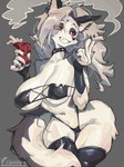 anthro armwear big_breasts big_butt bikini black_bra black_clothing black_legwear black_thigh_highs black_thong black_underwear bra breasts butt cigarette cigarette_smoke clothing collar ear_piercing ear_ring female grey_background holding_cigarette holding_object legwear piercing red_sclera ring_piercing simple_background skindentation smoke smoking smoking_cigarette solo spiked_collar spikes stockings swimwear tail thick_thighs thigh_highs thong two-piece_swimsuit underwear wide_hips iepelppa helluva_boss mythology loona_(helluva_boss) canid canid_demon canine demon hellhound mammal mythological_canine mythological_creature absurd_res hi_res