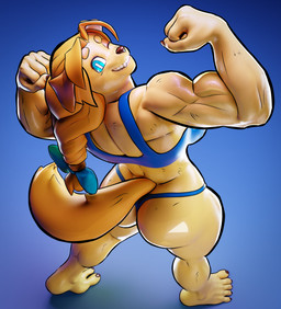 5_fingers 5_toes anthro blonde_hair blue_eyes braided_hair braided_ponytail butt feet female fingers flexing fur grin hair humanoid_feet humanoid_hands muscular muscular_anthro muscular_female one_eye_closed plantigrade ponytail smile solo tan_body tan_fur thick_outline toes wink nitenight valorlynz_(modeler) xaiarts_(modeler) dog_knight_rpg jeane_(ceehaz) bird_dog canid canine canis domestic_dog golden_retriever hunting_dog mammal retriever 2026 3d_(artwork) absurd_res cel_shading digital_media_(artwork) hi_res shaded