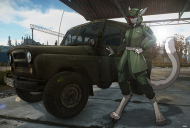 3_toes 5_fingers ambiguous_gender anthro biped bottomwear claws clothed clothed_ambiguous clothed_anthro clothing cloud day feet finger_claws fingers front_view fully_clothed fully_clothed_ambiguous fully_clothed_anthro fur grey_body grey_fur grey_tail hair hat headgear headwear looking_at_viewer outside red_eyes red_hair screencap screencap_background sky solo standing tail toe_claws toes topwear pgm300 escape_from_tarkov uaz felid feline mammal 2025 digital_drawing_(artwork) digital_media_(artwork) hi_res mixed_media shaded