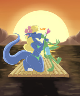 anthro bikini blue_body breasts clothed clothing duo female fully_clothed green_body hair kiss_on_lips kissing male male/female non-mammal_breasts raft sunset swimming_trunks swimwear tail topless two-piece_swimsuit jamearts mythology alice_(jamearts) jimmy_basil-lisk dragon lizard mythological_creature mythological_scalie reptile scalie absurd_res hi_res