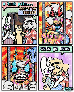 4_panel_comic aloha_shirt anthro bow_tie cage cheek_spots clothing dialogue floppy_ears fur glowing glowing_eyes group half-closed_eyes humor male narrowed_eyes overalls pattern_clothing pattern_shirt pattern_topwear shirt speech_bubble teeth text tooth_gap topwear trio white_body white_fur wide_eyed yellow_body yellow_fur rawdawgcomics bingus_(rawdawgcomics) stahli_(rawdawgcomics) bear bird_dog canid canine canis domestic_dog golden_retriever hunting_dog lagomorph leporid mammal rabbit retriever 4:5 comic english_text