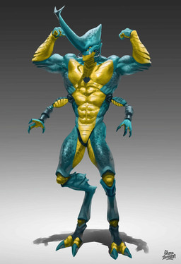 4_arms abs anthro blue_body digitigrade fangs flexing gradient_background machine male multi_arm multi_limb pecs simple_background solo standing teeth yellow_body yellow_eyes shaneinvasion android arthropod beetle insect rhinoceros_beetle robot scarabaeid western_hercules_beetle hi_res signature