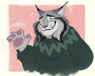 4_toes aged_up anthro black_eyebrows black_markings cheek_tuft clothing eyebrows facial_tuft fangs feet fur gesture green_clothing green_sweater green_topwear grey_body grey_fur inner_ear_fluff looking_at_viewer male markings mature_anthro mature_male motion_lines pawpads pink_pawpads shy smile solo sweater teeth toes topwear tuft waving whiskers yellow_eyes thediyemi disney zootopia pawbert_lynxley felid feline lynx mammal colored colored_sketch digital_drawing_(artwork) digital_media_(artwork) shaded simple_shading sketch