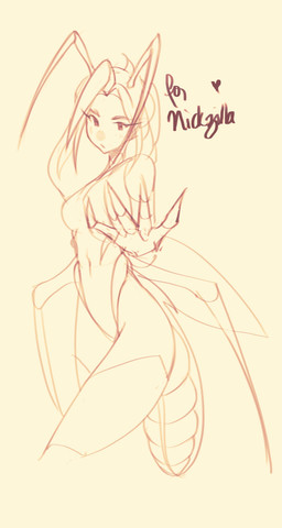 antennae_(anatomy) anthro back_wings breasts extra_limbs eyes_on_head female insect_wings navel reaching_towards_viewer side_view skinny solo tail unusual_anatomy unusual_tail wings oxcoxa hondo-san_awa_(nickzilla) animal_humanoid arthropod arthropod_humanoid humanoid insect insect_humanoid absurd_res hi_res sketch_page
