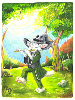 anthro blue_sky bottomwear clothed clothing day eyes_closed fur green_bottomwear green_clothing green_pants green_topwear grey_clothing grey_hat grey_headwear grey_topwear hair hat headgear headwear holding_flute logo male male_anthro mouth_closed open_clothing open_topwear outside pants pawpads pink_pawpads plant playing_flute playing_music short_hair sky solo standing sun tail topwear tree white_body white_fur white_hair white_tail young young_anthro young_male pandapaco felid mammal artist_logo signature