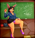 2016 4_fingers anthro apple big_breasts black_hair bottomwear breasts brown_body brown_fur brown_nose chalk chalkboard chest_tuft classroom classroom_desk cleavage clothed clothing desk exposed_crotch female fingers food footwear fruit fur furgonomics furniture hair hampton hand_on_leg hand_on_thigh hi_res high_heels holding_object janice_flynn lagomorph leporid long_ears long_sleeves mammal mature_female notebook panties plant purple_clothing purple_eyes purple_footwear purple_shoes purple_underwear rabbit raised_arm raised_bottomwear raised_clothing raised_skirt school shirt shoes short_hair short_tail signature sitting skirt slightly_chubby solo stick table tail tail_through_skirt teacher topwear tuft underwear