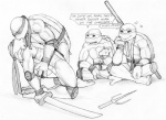 anthro dialogue group heart_symbol katana kissing male male/male melee_weapon muscular polearm sai_(weapon) shell simple_background sword text weapon white_background randomslasher teenage_mutant_ninja_turtles teenage_mutant_ninja_turtles_(2007) donatello_(tmnt) leonardo_(tmnt) michelangelo_(tmnt) raphael_(tmnt) reptile scalie turtle english_text monochrome brother_(lore) brothers_(lore) incest_(lore) sibling_(lore)