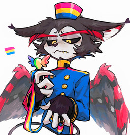 anthro black_body black_feathers black_nose black_sclera clothed clothing feathers lgbt_pride male pansexual_pride_colors pride pride_colors rainbow_pride_colors red_body red_feathers sharp_teeth simple_background solo teeth white_background wings yellow_eyes aaaaa_fryaway hazbin_hotel hellaverse husk_(hazbin_hotel) demon domestic_cat felid feline felis mammal digital_media_(artwork) hi_res