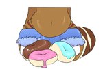 anthro belly big_belly blue_clothing brown_body brown_fur brown_tail bulge clothing curvy_figure dark_body dark_fur dessert doughnut food fur navel pastry red_clothing slightly_chubby solo tail thick_thighs white_tail wide_hips raljoy nuttela asinus donkey equid equine horse hybrid mammal mule