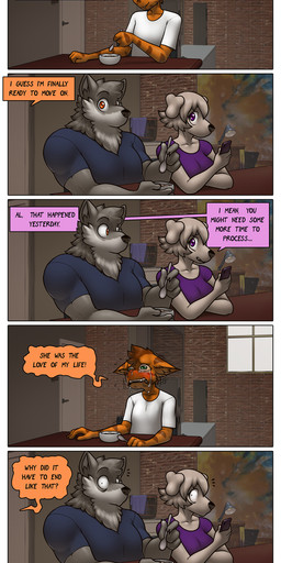 anthro bodily_fluids clothed clothed_anthro clothed_female clothed_male clothing crying cutlery dialogue electronics female fur green_eyes grey_body grey_fur group kitchen_utensils male muscular muscular_anthro muscular_male orange_body orange_fur phone purple_eyes runny_nose sitting spoon tears text throuple tools trio white_body white_fur james_howard patreon alphonse_(james_howard) jill_(james_howard) richard_(james_howard) canid canine canis domestic_cat domestic_dog felid feline felis mammal wolf absurd_res comic english_text hi_res url